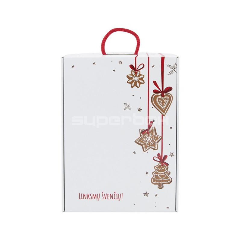 White suitcase-style Christmas gift box with red handle