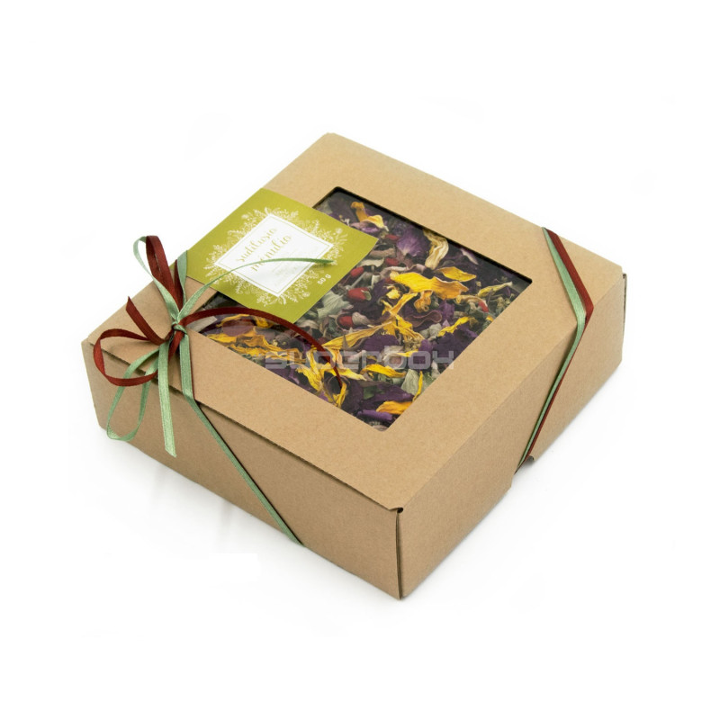 Braune quadratische Geschenkbox mit Sichtfenster für Tee