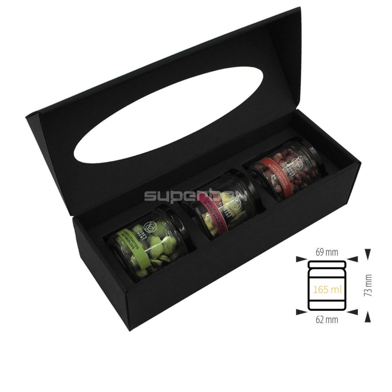 Schwarze längliche Geschenkbox mit ovalem Fenster für 3 Gläser