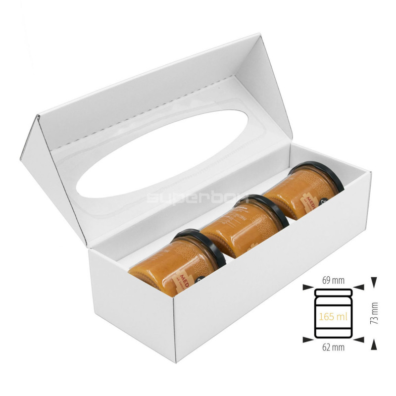 Weiße längliche Geschenkbox mit ovalem Fenster für 3 Gläser