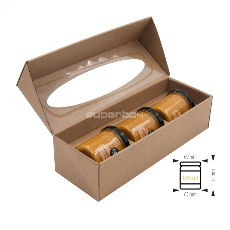 Braune längliche Geschenkbox mit ovalem Fenster für 3 Gläser