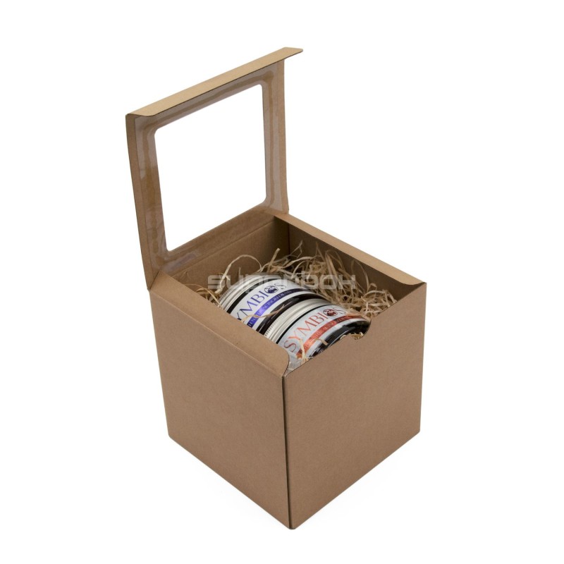 Braune Würfel-Geschenkbox mit Klarsichtfenster im Deckel