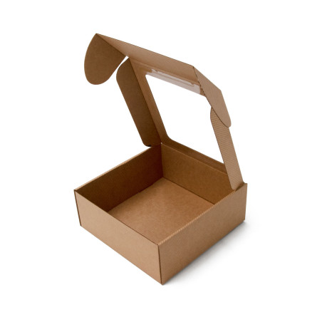 Braune quadratische Geschenkbox mit Fenster und Linienmuster