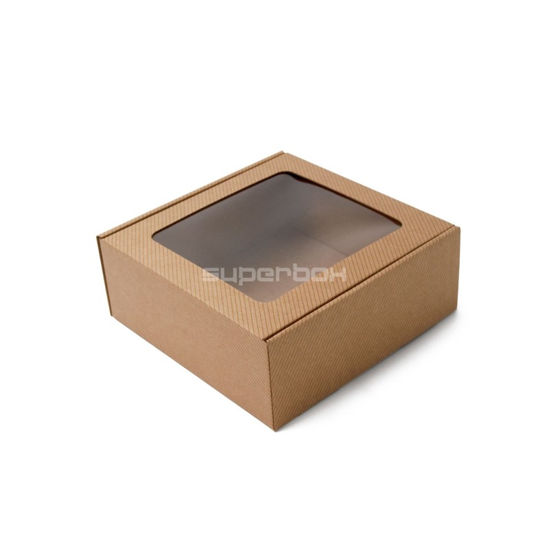 Braune quadratische Geschenkbox mit Fenster und Linienmuster