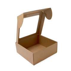Kleine braune quadratische Box mit Fenster und Linienmuster
