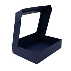 Dunkelblaue Geschenkbox mit klarem Fenster für 3 Flaschen