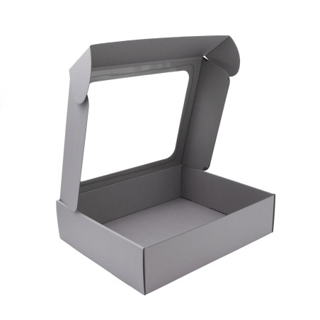Graue Geschenkbox mit klarem Fenster für 3 Flaschen