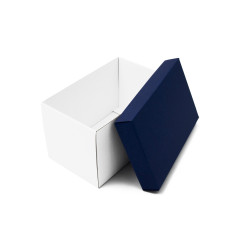 Dunkelblaue sehr tiefe Kartonbox mit blauem Deckel