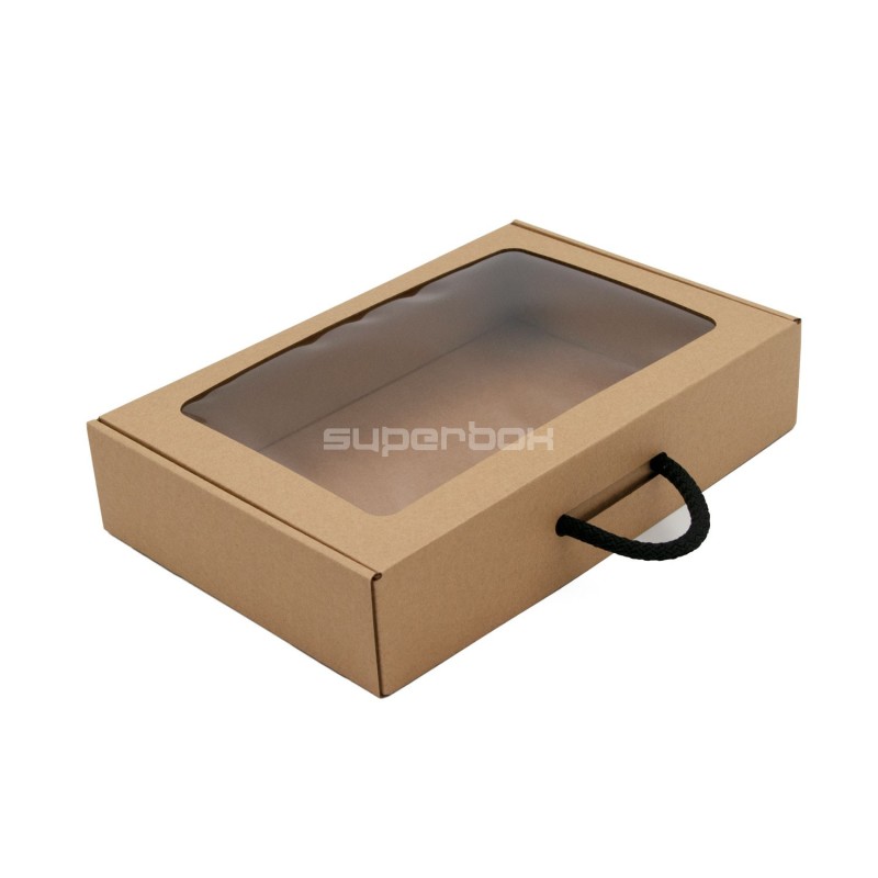 Braune Geschenkbox – Koffer mit Fenster und Textilgriff