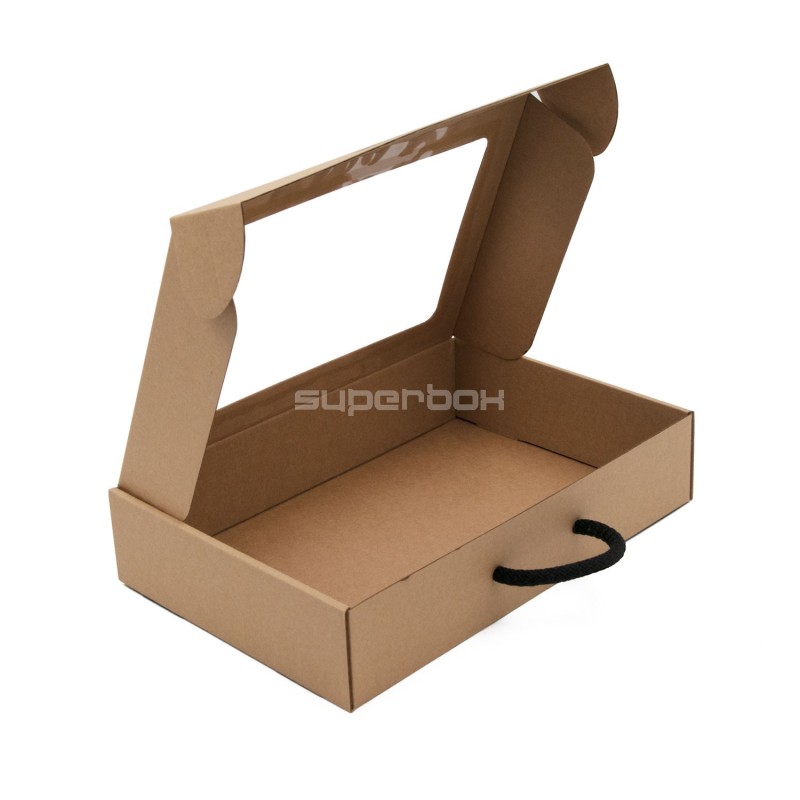 Braune Geschenkbox – Koffer mit Fenster und Textilgriff