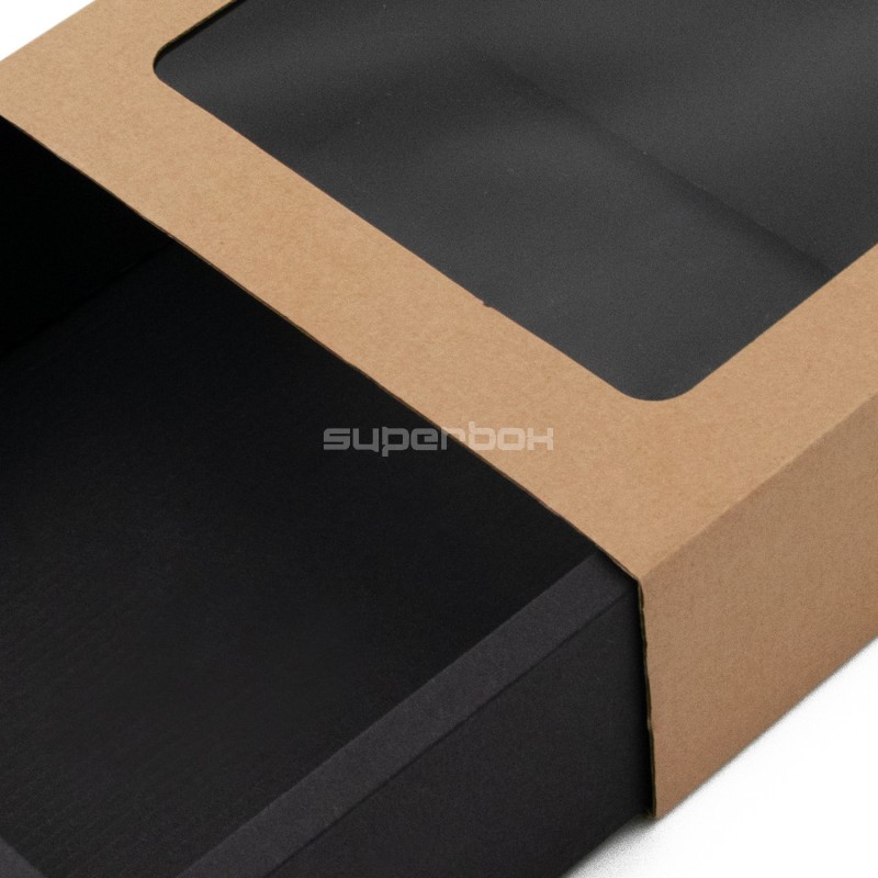 Braune Streichholzschachtel-Stil Geschenkbox mit Fenster und schwarzem Boden