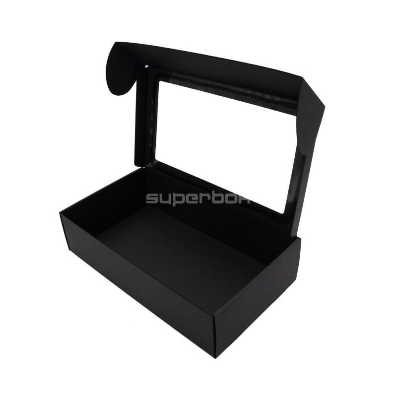 Verlängerte schwarze PREMIUM-Geschenkbox mit Klarsichtfenster und Linien