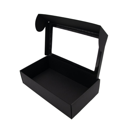 Verlängerte schwarze PREMIUM-Geschenkbox mit Klarsichtfenster und Linien