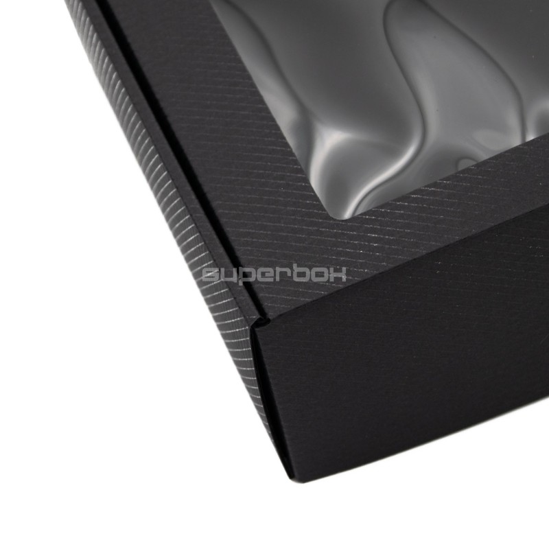 Verlängerte schwarze PREMIUM-Geschenkbox mit Klarsichtfenster und Linien