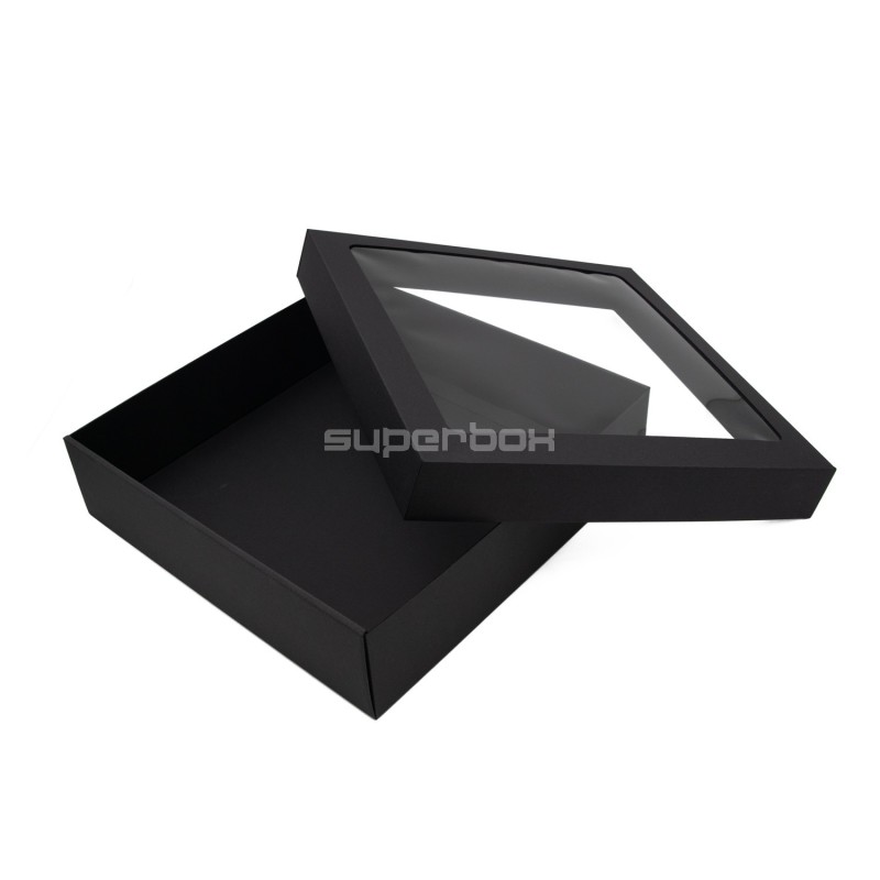 Schwarze quadratische Geschenkbox mit Fenster, Höhe 10 cm