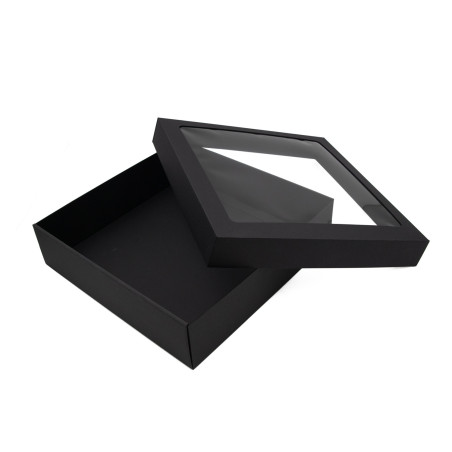 Schwarze quadratische Geschenkbox mit Fenster, Höhe 10 cm