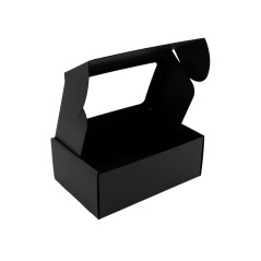 Schwarze A5-Geschenkbox mit klarem Fenster und schwarzen Linien
