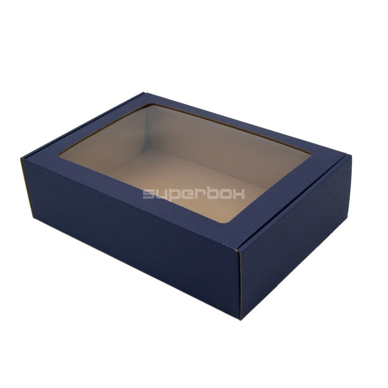 Dunkelblaue A4-Box mit PVC-Fenster und Linienmuster