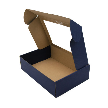 Dunkelblaue A4-Box mit PVC-Fenster und Linienmuster