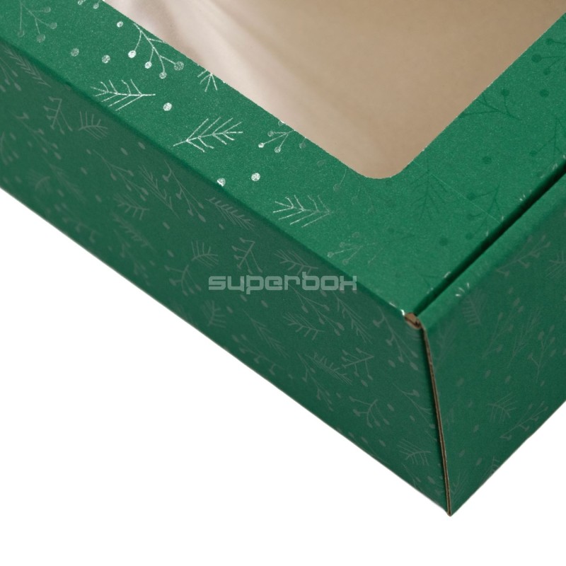 Verlängerte grüne PREMIUM-Geschenkbox mit Klarsichtfenster und Beeren