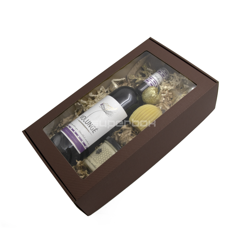 Dunkelbraune PREMIUM-Geschenkbox mit Klarsichtfenster und Linien