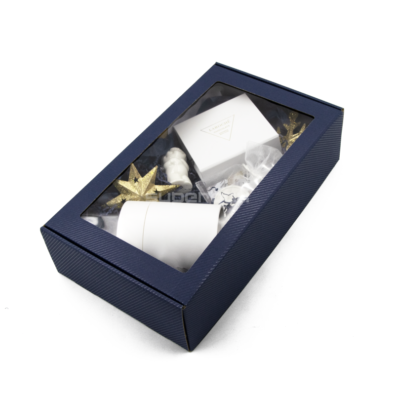 Dunkelblaue verlängerte Geschenkbox mit Fenster und Linien