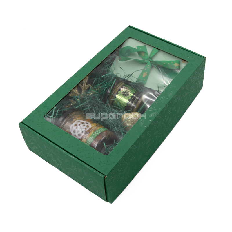 Verlängerte grüne PREMIUM-Geschenkbox mit Klarsichtfenster und Beeren