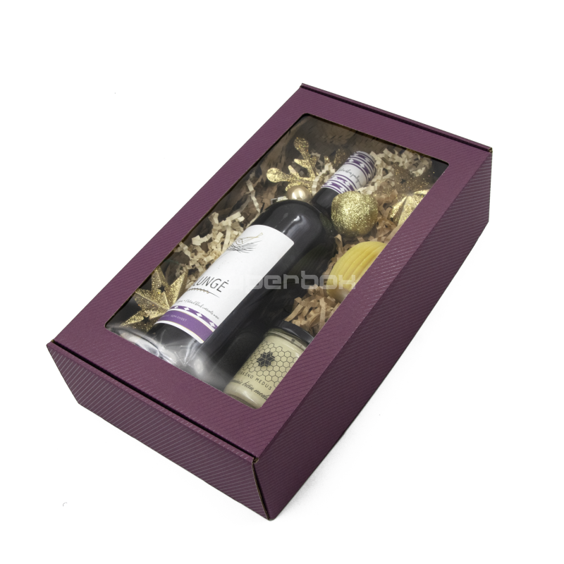 Verlängerte violette PREMIUM-Geschenkbox mit Klarsichtfenster und Linien