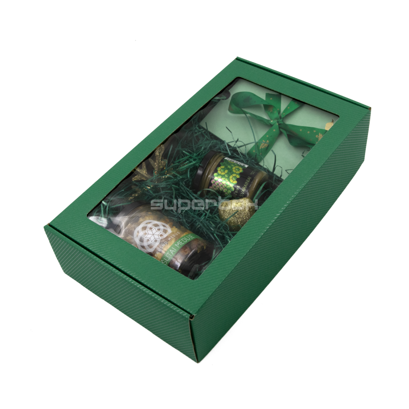 Verlängerte grüne PREMIUM-Geschenkbox mit Klarsichtfenster und Linien