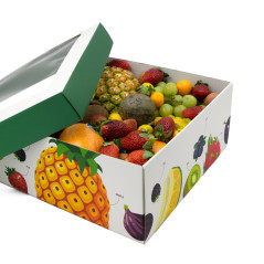 Große Obstbox mit transparentem Fenster und farbigem Druckdesign