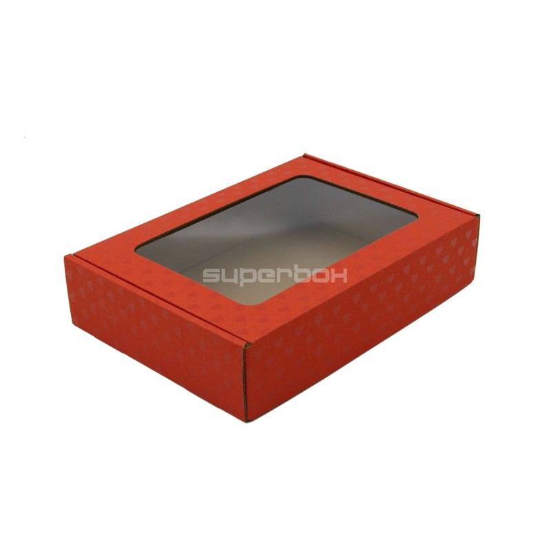 Rote Geschenkbox mit Fenster und Herzmuster, 5 cm hoch