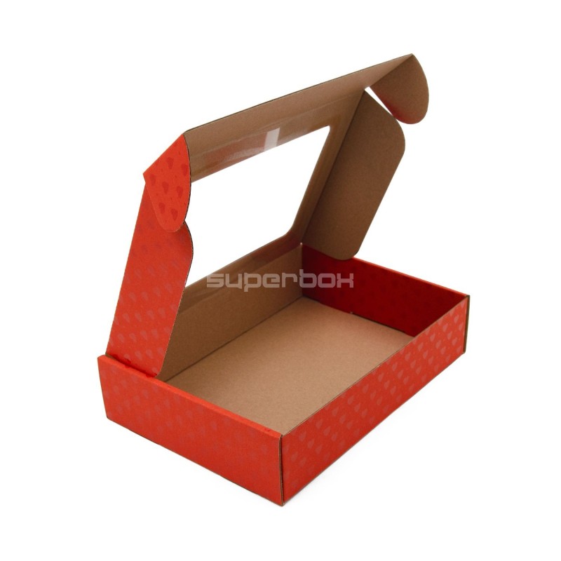 Rote Geschenkbox mit Fenster und Herzmuster, 5 cm hoch