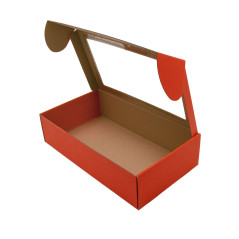 Verlängerte rote PREMIUM-Geschenkbox mit Klarsichtfenster und Herzmotiv