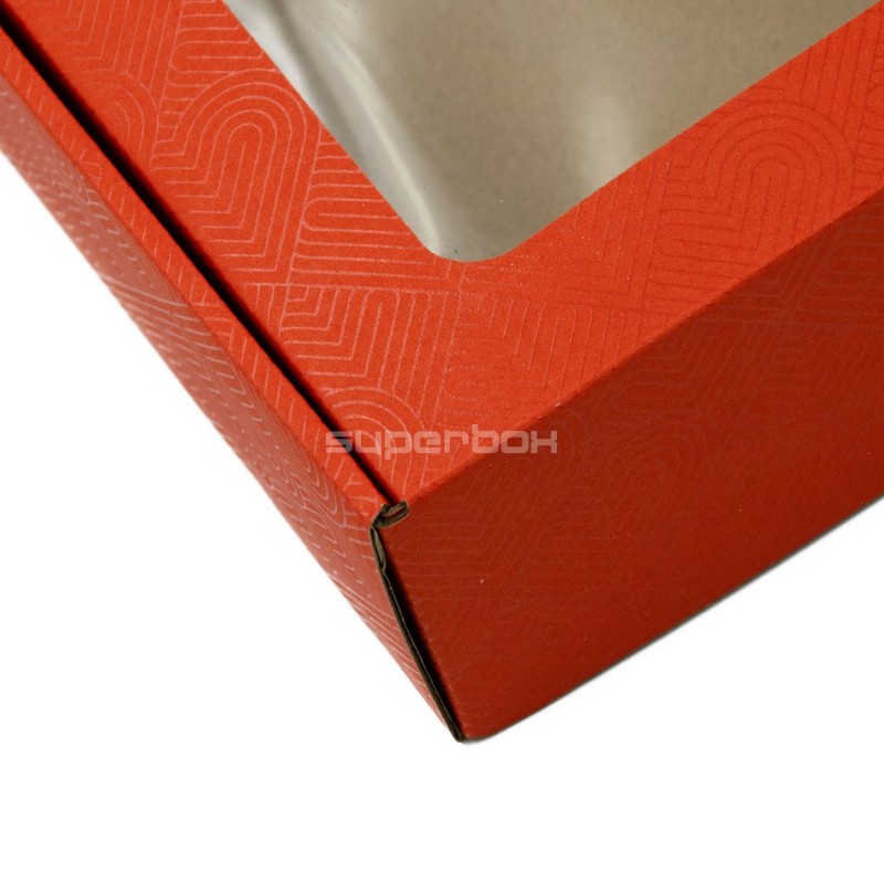 Rote Geschenkbox mit PVC-Fenster und Herzmuster, 6 cm hoch