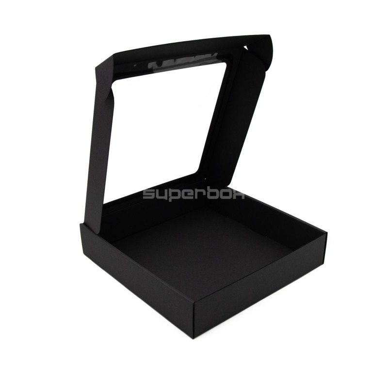 Schwarze quadratische Box, 5,5 cm tief, mit PVC-Fenster