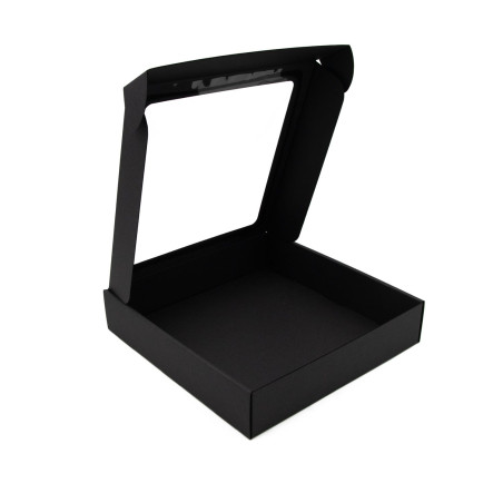 Schwarze quadratische Box, 5,5 cm tief, mit PVC-Fenster