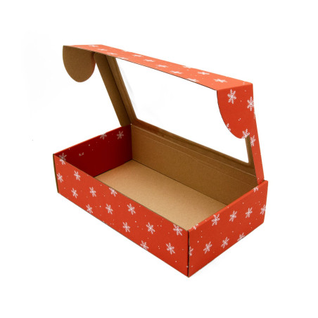 Verlängerte rote PREMIUM-Geschenkbox mit Klarsichtfenster und Schneeflocken