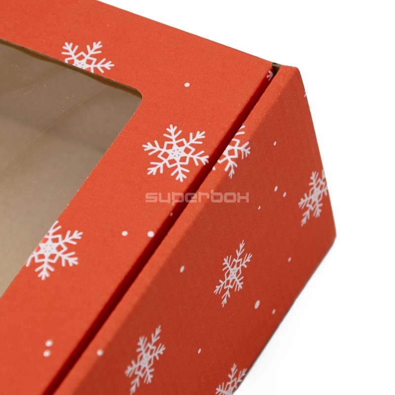 Verlängerte rote PREMIUM-Geschenkbox mit Klarsichtfenster und Schneeflocken