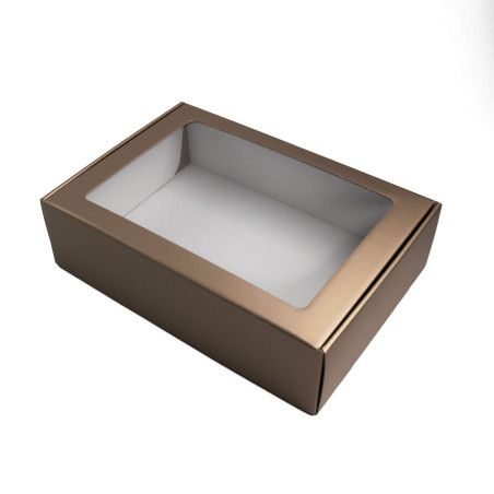 Gedämpfte Gold-A4-Geschenkbox mit PVC-Fenster | 305x215x85 mm