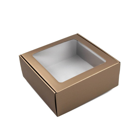 Gedämpfte goldene Geschenkbox mit klarem Fenster | 220x220x90 mm