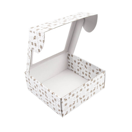 Weiße große quadratische Geschenkbox mit klarem Fenster und Weihnachtsdesign
