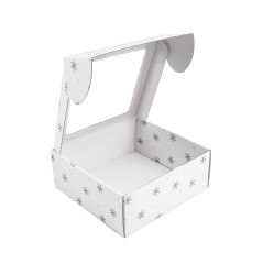 Weiße große quadratische Geschenkbox mit klarem Fenster und Schneeflocken