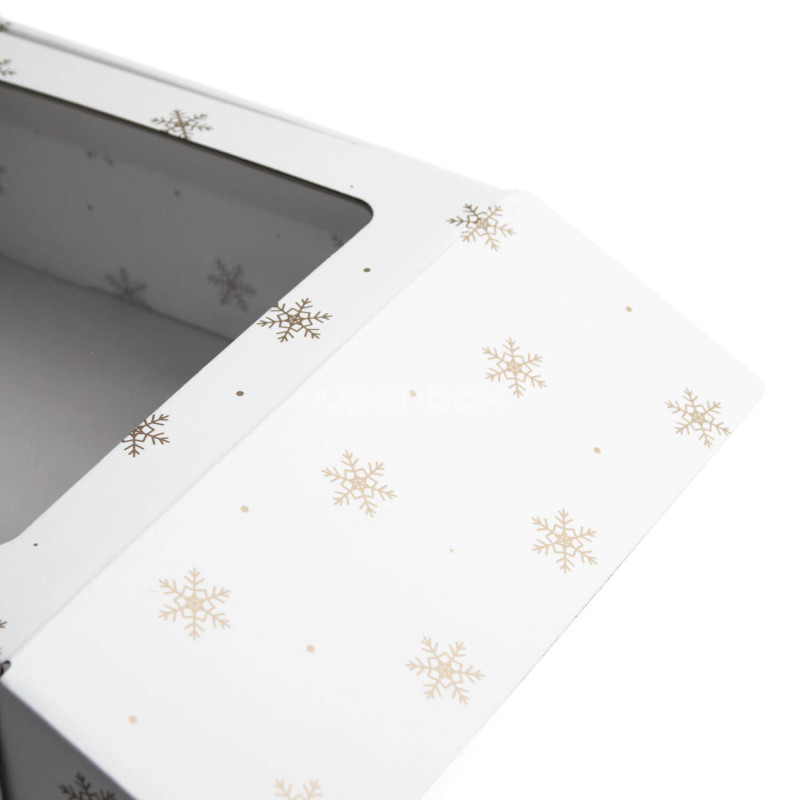 Weiße große quadratische Geschenkbox mit klarem Fenster und Schneeflocken
