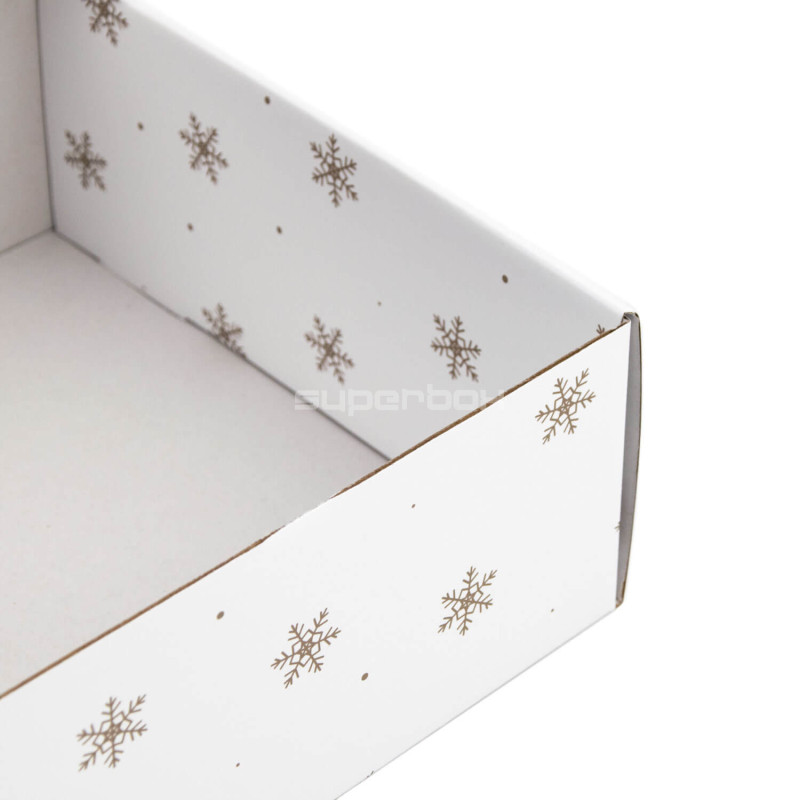 Weiße große quadratische Geschenkbox mit klarem Fenster und Schneeflocken