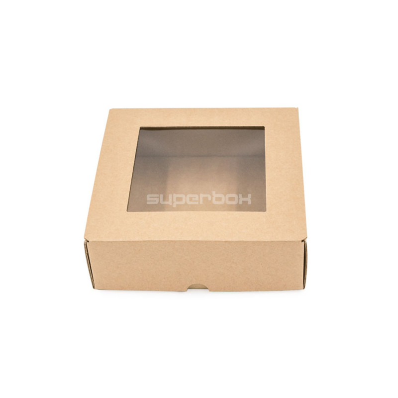 Braune quadratische Geschenkbox mit Sichtfenster für Tee