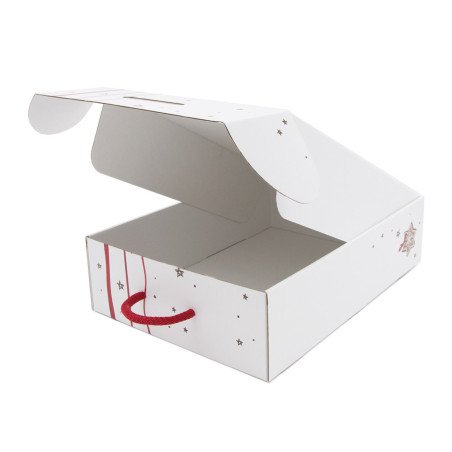 Weiße Geschenkbox mit Fenster, Griff und rotem Weihnachtsmuster