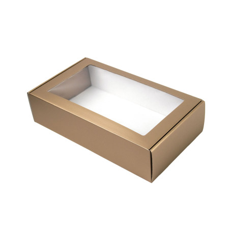 Gedämpfte Gold-Geschenkbox mit Klarem Fenster | 340x195x85 mm