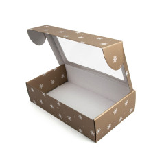 Dezent goldene Geschenkbox mit Klarsichtfenster und Schneeflocken