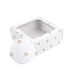 Weiße Quadratische Geschenkbox mit Schneeflocken | 220x220x90 mm