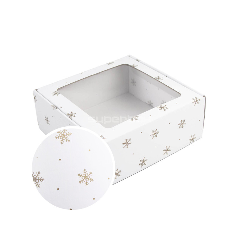 Weiße Quadratische Geschenkbox mit Schneeflocken | 220x220x90 mm